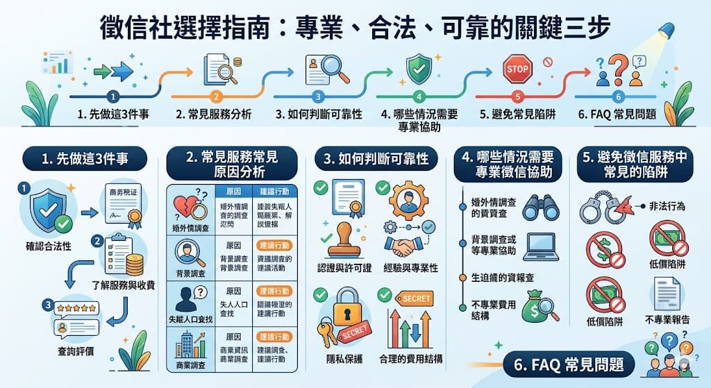在尋求徵信社幫助時，選擇一個可靠的徵信社至關重要。這篇文章提供了選擇徵信社的三個關鍵步驟，幫助讀者排除不合格的徵信社。文中深入探討了徵信社的常見服務，包括婚外情調查、背景查詢等，並介紹了如何判斷徵信社的專業性和合法性。此外，還提供了避免常見陷阱的實用建議，讓你在需要徵信服務時能夠做出明智選擇。