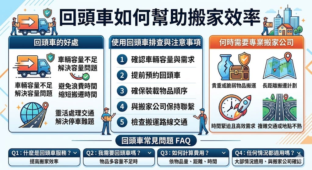 在搬家過程中，回頭車服務能大大提高搬家的效率。當搬家物品過多或車輛容量不足時，回頭車可以幫助快速返回運送剩餘物品，避免時間浪費。這項服務不僅解決了容量問題，還能減少交通擁堵造成的延遲，提升整體搬家速度和品質。了解回頭車的使用情境與注意事項，讓你的搬家過程更加順利、高效，無論是近距離還是長距離搬遷。