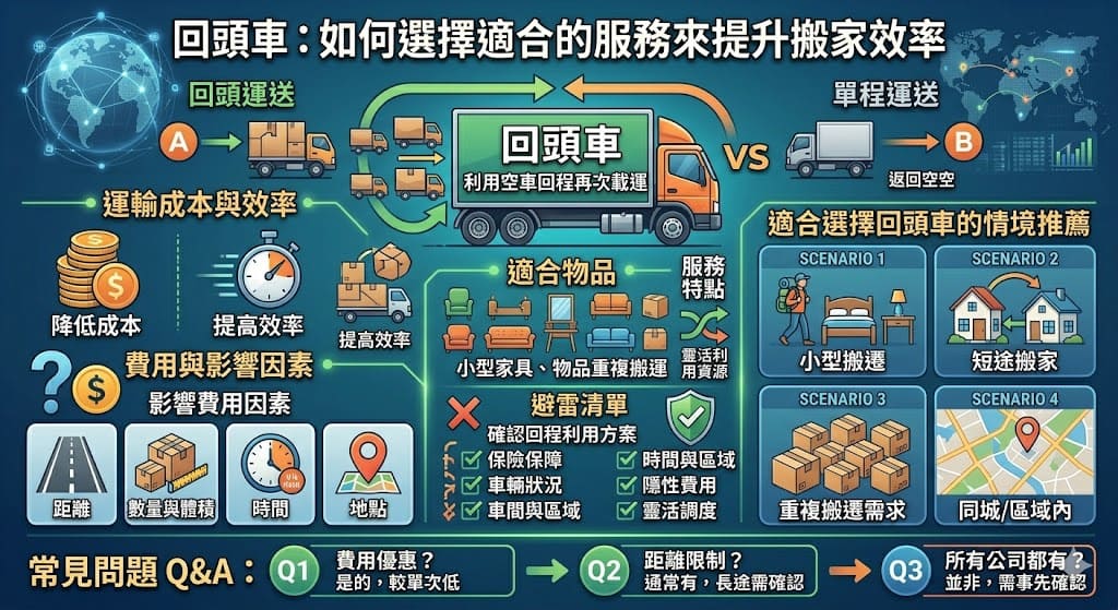 回頭車服務是一種利用空車回程進行二次運輸的搬家方式，讓搬遷過程更高效、成本更低。這種服務非常適合短途搬家或需要多次搬遷的小型物品。在選擇回頭車服務時，除了考慮費用外，還需關注運輸距離、物品特性以及搬家公司是否提供此項服務。利用回頭車服務，不僅能提高資源使用率，也能減少浪費，是現代搬家的聰明選擇。