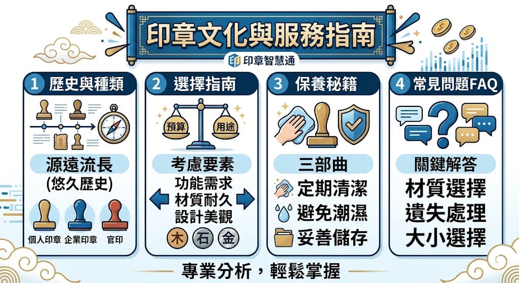這篇文章深入探討了 印章 的歷史與文化背景，從古代使用到現代的變化，揭示了不同類型 印章 的功能與應用。無論是個人印章、企業印章還是官印，本文都詳細介紹了如何根據需求選擇合適的印章，並提供保養與維護的實用建議。此外，常見的印章相關問題也一一解答，幫助你更加了解印章的使用技巧。