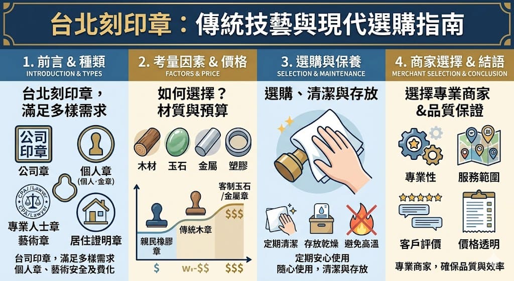 本文詳細介紹了在台北選擇刻印章的各種選擇與考量因素，包括不同類型的刻印章（如公司印章、個人印章及專業印章）以及其主要用途。還深入探討了台北刻印章的價格範圍、設計及保養方法。無論是企業或個人需求，本指南提供了選擇適合的刻印章商家與維護印章的專業建議。了解如何根據使用需求選擇最適合的台北刻印章服務，讓您更輕鬆管理印章事宜。