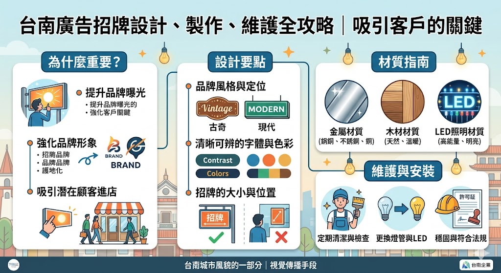 台南廣告招牌不僅是商業宣傳工具，更能提高品牌曝光率，吸引潛在顧客。這篇文章深入探討台南廣告招牌的設計要點、材質選擇與安裝過程，並提供實用的維護技巧，幫助商家打造更具吸引力的招牌。無論是選擇適合的設計公司還是處理日常保養，這些要素都能提升品牌形象並帶來更多商機。