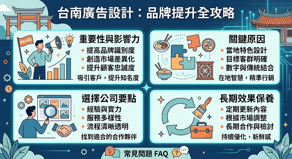 在競爭激烈的市場中，台南廣告設計已成為提升品牌形象與吸引消費者的關鍵工具。透過專業的廣告設計，品牌可以更有效地展示其獨特性，並在消費者心中留下深刻印象。無論是視覺設計還是數字行銷，台南的廣告設計公司能夠提供量身定制的解決方案，幫助企業在本地市場中脫穎而出。了解如何選擇合適的設計公司，為你的品牌帶來更多曝光與成長。