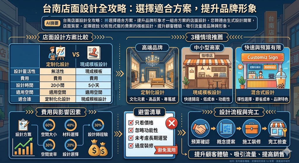 台南店面設計對於商家開設或翻新店面至關重要。無論是選擇定制化設計還是現成模板設計，每種方案都有其獨特的優勢與挑戰。選擇合適的店面設計方案不僅能提升顧客體驗，還能強化品牌形象。本文將幫助您了解台南店面設計的不同選擇，並提供多種情境建議，讓您能根據需求、預算與空間條件選擇最佳方案，打造一個既美觀又實用的商業空間。