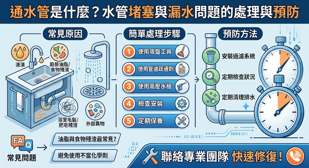 通水管是解決水管堵塞或漏水問題的有效方法。許多家庭和商業場所會遇到水管堵塞的情況，這通常是由油脂、食物殘渣、毛髮等物質積聚引起的。通水管可以幫助清理管道內的堵塞物，恢復水流通暢，防止更嚴重的水管問題。定期進行通水管保養，可以延長水管的使用壽命，避免高額維修費用。了解通水管的處理流程與預防技巧，讓您的水管系統始終保持順暢。
