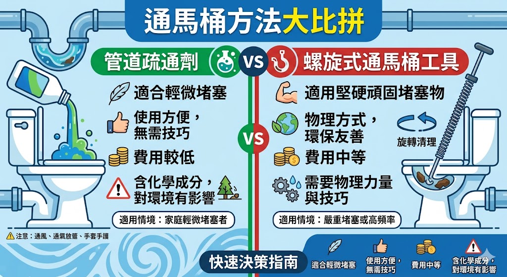如果你遇到馬桶堵塞問題，選擇合適的通馬桶方法至關重要。本篇文章比較了兩種常見的通馬桶方法：管道疏通劑和螺旋式通馬桶工具。管道疏通劑適用於輕微堵塞，操作簡單，但可能對環境造成影響；而螺旋式通馬桶工具則能有效處理頑固堵塞，對環境友善。根據堵塞情況選擇適當的方法，能幫助你高效解決排水問題，恢復馬桶通暢。