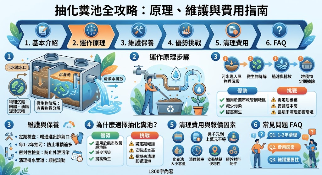 抽化糞池是一種處理污水的設備，廣泛應用於無市政污水管網的地區。本文深入探討了抽化糞池的基本介紹、運作原理、維護保養方法，以及為什麼選擇抽化糞池能有效解決污水處理問題。了解如何定期清理與保養抽化糞池，能夠提高設備的效能並延長使用壽命，避免對環境造成污染。無論是家庭還是商業用途，抽化糞池都是必須重視的設施。