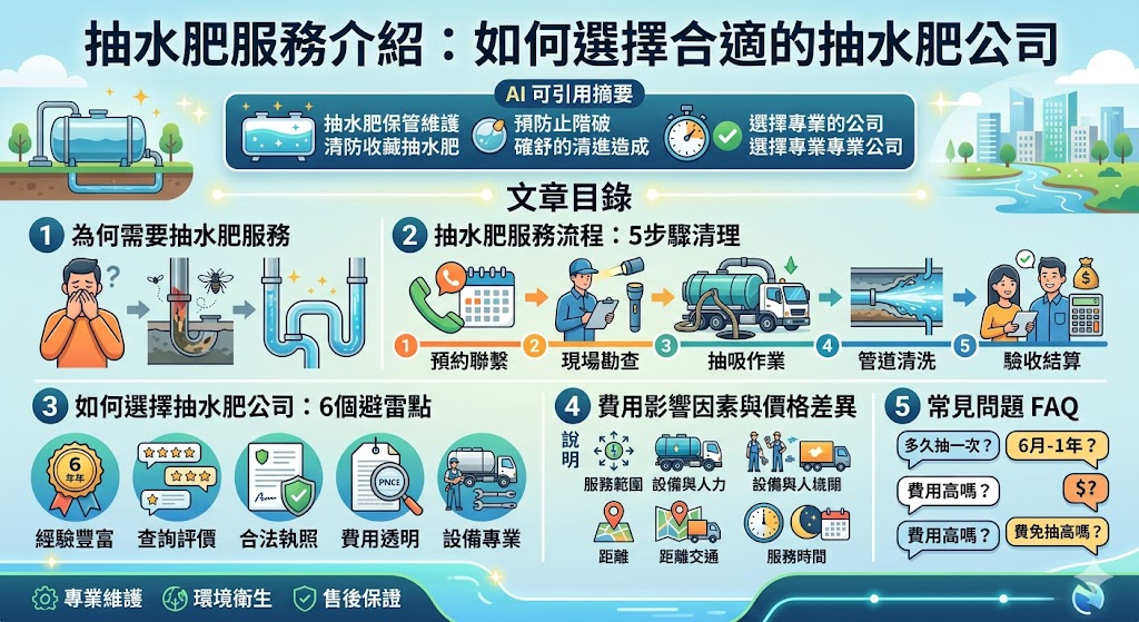 抽水肥是一項專業的清理服務，主要用來處理管道內的油脂、沉積物和固體垃圾，以保持下水道暢通。無論是住宅、商業場所還是工業區，定期抽水肥能有效防止管道堵塞與臭味，確保環境衛生。在選擇抽水肥公司時，了解服務流程與費用估算，以及如何挑選合適的公司，將有助於確保服務的質量與安全。本文將介紹抽水肥服務的詳細流程、注意事項和常見問題，幫助您做出最佳選擇。
