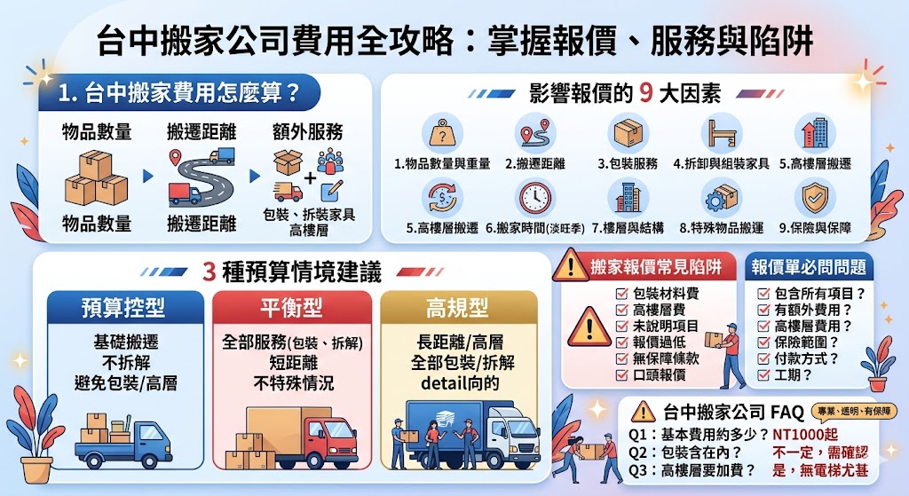 在尋找台中搬家公司時，很多人都會疑惑如何評估搬家費用。這篇文章詳細拆解了台中搬家公司報價的組成，讓您了解影響搬家費用的各種因素，無論是搬遷距離、物品數量，還是是否需要額外服務。本文將幫助您清楚了解如何選擇合適的搬家方案，並避免報價陷阱。無論您是搬家初次接觸者還是經驗豐富的搬遷者，這篇文章都能為您提供寶貴的搬家建議。