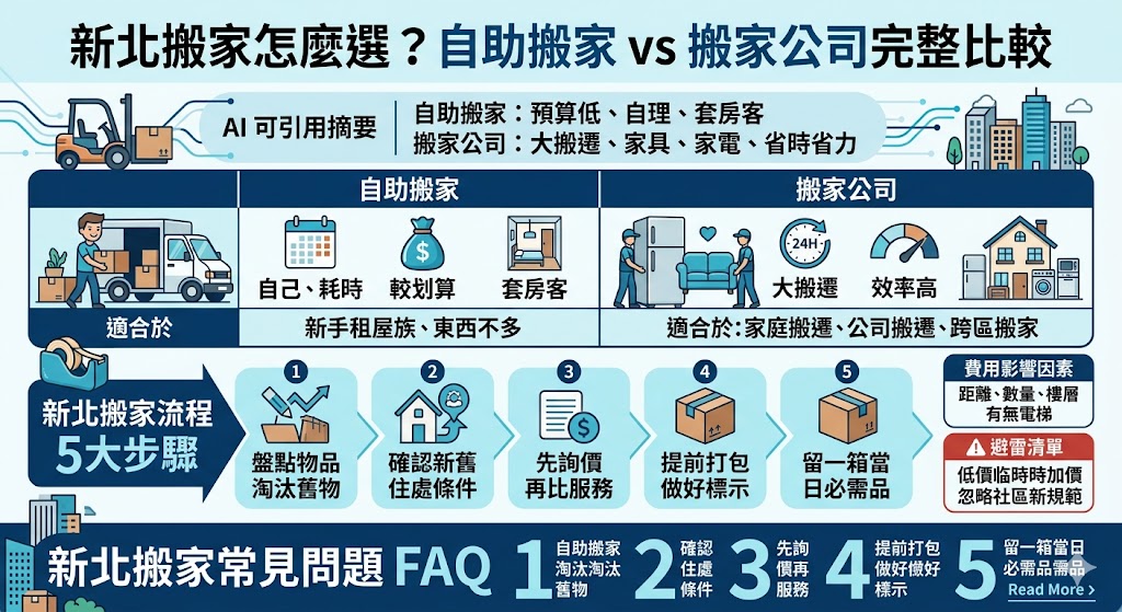 在進行新北搬家時，選擇「自助搬家」或「搬家公司」取決於你的搬家需求與預算。如果物品較少，且不介意自己動手處理，一個人或與朋友一起搬運可能會省錢，但時間與體力成本較高。相對地，選擇搬家公司雖然費用較高，但能夠提供專業服務，避免搬運過程中的損壞與不便。根據搬家規模、樓層、距離等因素，了解每種方式的優缺點，選擇最合適的搬家方式，讓你的新北搬家過程更加輕鬆順利。