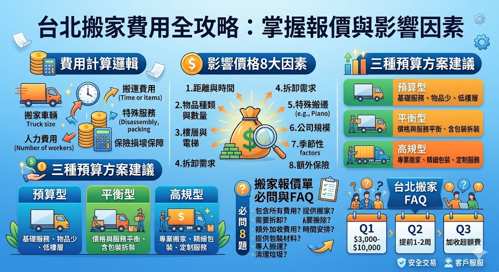 在台北搬家時，了解台北搬家費用的構成是非常重要的。搬家費用不僅受搬家距離、物品數量影響，還會根據搬家公司的服務項目、樓層高度等因素而變動。本文將詳細拆解台北搬家費用的報價單，提供如何選擇不同預算的搬家方案，並解釋影響價格的各種因素，幫助消費者做出明智的選擇，避免隱藏費用與不必要的支出。
