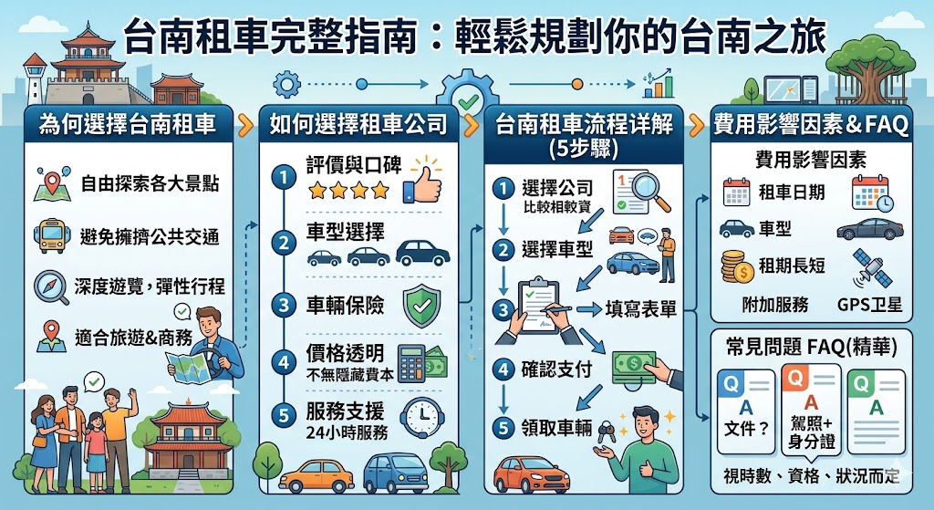 台南租車是許多前往台南旅遊或出差的旅客首選交通方式，方便且靈活。選擇合適的台南租車公司能幫助你在台南的各大景點間自由穿梭。本文將深入探討如何選擇台南租車服務、租車流程、費用影響因素以及選擇適合的車型，幫助你輕鬆規劃台南之行，享受無憂的交通體驗。