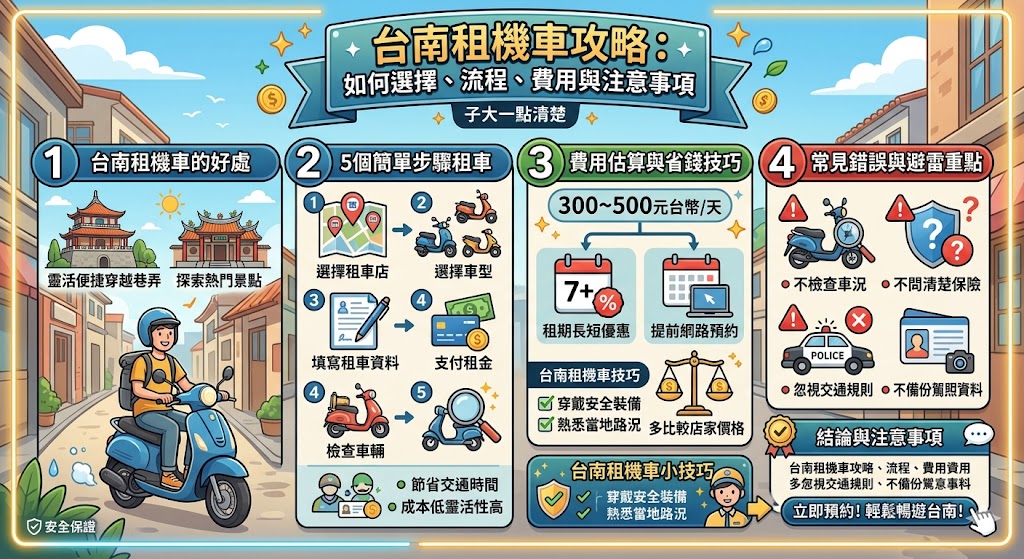 在台南租機車是許多旅客探索這座歷史悠久城市的最佳選擇。台南的機車租賃服務提供了方便快捷的交通方式，讓你輕鬆到達熱門景點，享受自由自在的旅行。本文詳細介紹了台南租機車的選擇流程、租車費用估算、常見錯誤與避雷技巧，幫助你準備好一次順利的租車體驗，讓你在台南的旅程更加愉快與便捷。