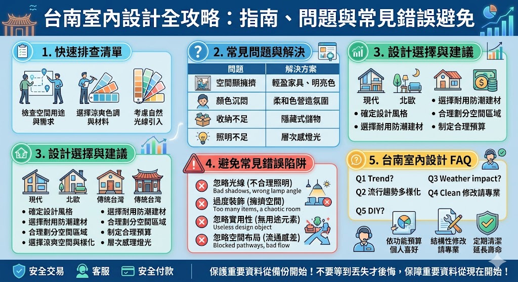 這篇文章深入探討了台南室內設計的流行趨勢與設計選擇，提供了關於台南室內設計的實用建議與排查清單。無論是家庭住宅還是商業空間，了解如何選擇合適的設計風格、材料及空間規劃，能夠幫助您打造既實用又美觀的空間。此外，文章還探討了如何避免常見的設計錯誤，並回答了一些關於台南室內設計的常見問題。