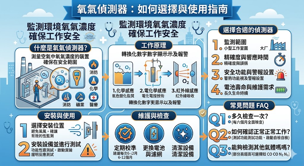 氧氣偵測器是一種專為測量環境中氧氣濃度而設計的裝置，廣泛應用於各類需要監測氧氣的場所。選擇合適的氧氣偵測器對於保護工人安全和防止事故發生至關重要。本文介紹了氧氣偵測器的工作原理、如何挑選合適的設備、安裝及維護要點，並解答常見問題，幫助您選擇最適合您需求的氧氣偵測器，確保工作環境的安全。