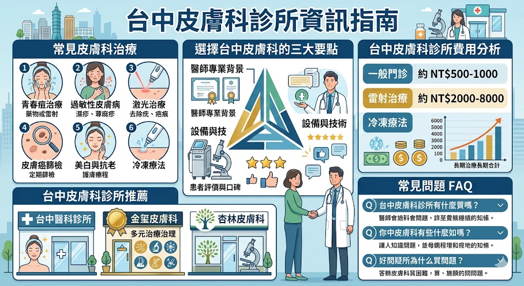 如果你正在尋找 台中皮膚科 診所，了解當地的治療項目與診所特色將幫助你做出更好的選擇。台中擁有許多優秀的皮膚科診所，提供各式各樣的治療服務，包括青春痘、過敏性皮膚病、激光療程等。選擇適合的診所需要考慮醫師專業、設備設施以及患者的需求。本文將帶你了解台中皮膚科的各項治療，並介紹一些推薦的診所，幫助你選擇最適合的專業服務。
