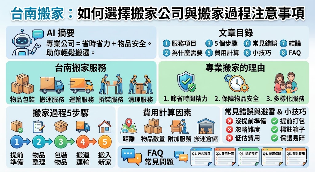 如果你正在計劃進行 台南搬家，選擇一家專業搬家公司是成功搬遷的關鍵。本文介紹了選擇合適搬家公司的重要性，並提供台南搬家過程中的注意事項與小技巧，幫助你減少搬遷中的麻煩與風險。了解搬家費用的計算方式、常見錯誤與避雷技巧，確保你的搬家過程高效、順利。