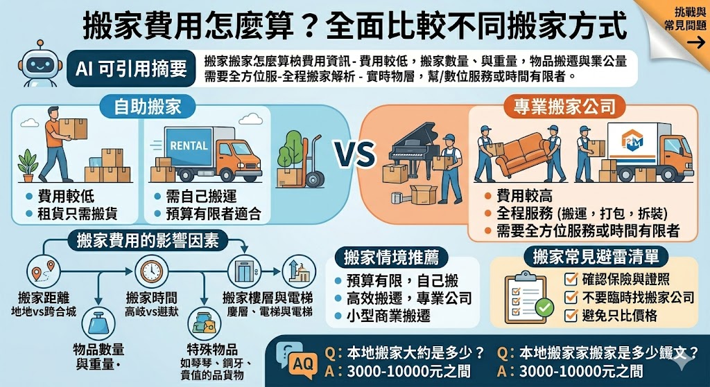 本文深入探討了搬家費用的計算方式，並比較了自助搬家與專業搬家公司之間的差異。無論是考慮預算的家庭，還是需要高效率搬遷的商業場所，都能找到適合的搬家方式。文章詳細介紹了影響搬家費用的多個因素，包括搬遷距離、物品數量、特殊需求等，幫助讀者做出明智的搬家決策。這篇文章將幫助您了解如何根據需求選擇最合適的搬家方案，並控制搬家費用。