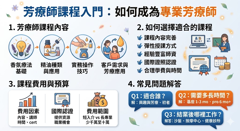 如果你對健康療癒與芳香療法有興趣，選擇報名芳療師課程將是成為專業芳療師的第一步。這些課程不僅教授精油與香氛的基礎知識，還會提供實務操作技巧，幫助學員掌握如何運用芳香療法來改善身心健康。無論是新手還是有經驗的人，通過進修芳療師課程，都能獲得專業的技能，開啟自己的芳療事業。