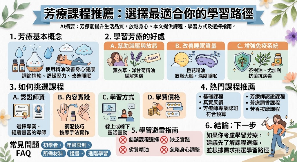 在尋找適合的芳療課程嗎？這篇文章將為您提供全面的 芳療課程推薦，無論是剛入門的學員，還是有一定基礎希望進階的學習者，我們都會推薦各種優質課程選擇。從基礎的精油使用、芳香按摩技巧，到專業的芳療師認證課程，都能幫助您選擇最適合的芳療課程，並學會如何根據需求選擇最適合的課程，提升您的芳療技能和生活品質。