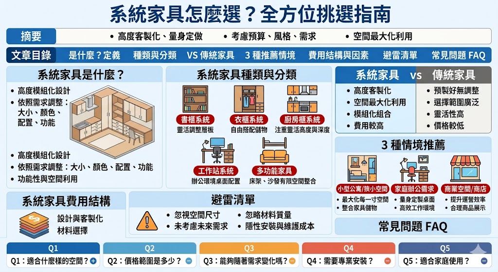 我們將深入探討系統家具的各種選擇與比較。系統家具因其高度客製化的設計，能夠最大化利用空間，成為現代居家與商業空間的理想選擇。無論是書櫃、衣櫃還是廚房櫃系統，選擇適合的系統家具能夠有效提升空間的整潔與功能性。文章中會幫助讀者了解如何根據需求選擇最合適的系統家具類型，並提供不同情境下的選擇建議。