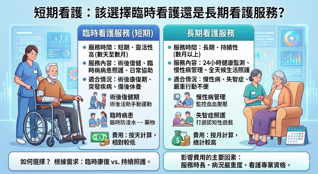 短期看護服務是針對臨時健康照護需求提供的一種服務，適合術後康復、臨時病患照顧或特殊短期需求。根據患者的健康狀況，可以選擇臨時看護或長期看護服務。臨時看護通常為短期安排，而長期看護則針對需要持續照護的患者。本篇文章將幫助您了解短期看護的選擇，並且比較臨時看護與長期看護的不同之處，協助您根據實際需求做出最佳選擇。