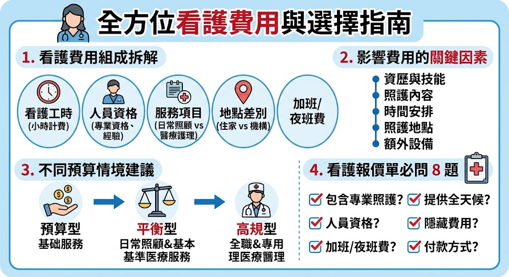 在選擇看護服務時，了解看護費用的組成與影響因素至關重要。不同服務內容、看護人員的資格與工作時間長短，會影響最終的看護費用。本文將詳盡拆解看護費用的各項項目，並提供針對不同預算情境的選擇建議，幫助您在選擇看護服務時做出明智決定，避免額外的費用困擾。這篇文章將解答您對「看護費用」的各種疑問，提供清晰、專業的報價參考。