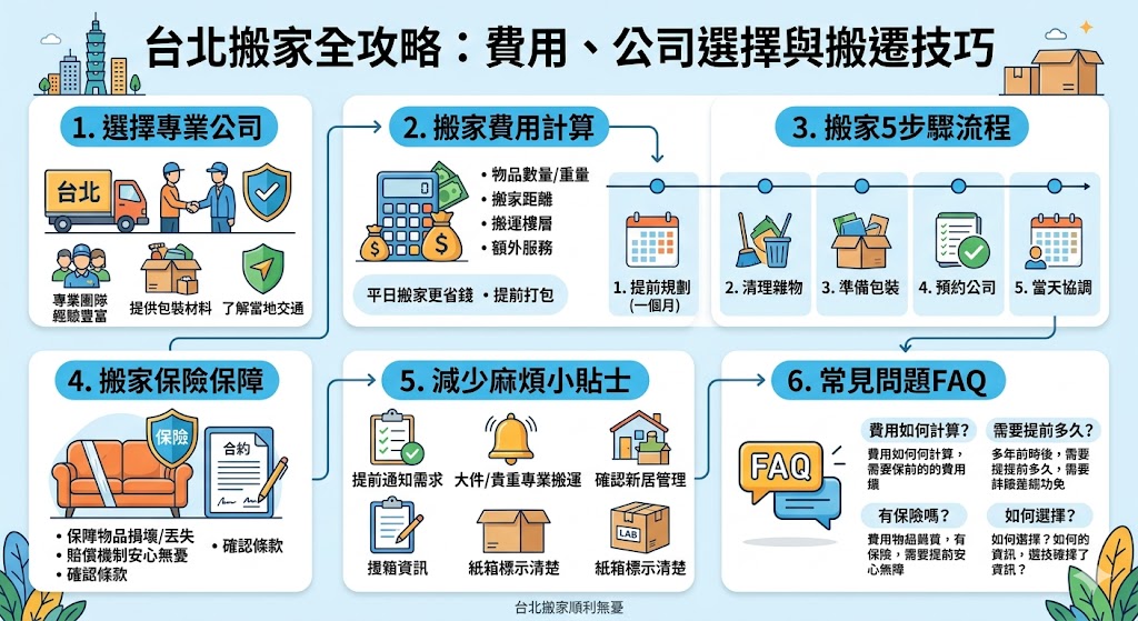 如果你正在計劃台北搬家，了解搬家費用與如何選擇合適的搬家公司是非常重要的。本文為你提供詳細的台北搬家流程，包括如何計算搬家費用、選擇搬家公司、搬遷中的注意事項及小貼士，幫助你順利完成搬遷，並減少不必要的麻煩。無論是搬家物品包裝、保險選擇還是搬遷後的整理，這篇指南都能給你提供有用的參考。