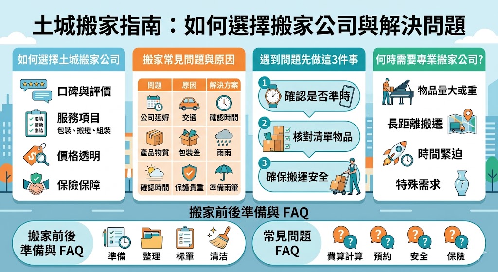 在搬家過程中，選擇一家專業的土城搬家公司至關重要。本文將帶您了解如何選擇合適的搬家公司，並提供搬家過程中常見的問題解決方案。無論是搬家公司延遲、物品損壞還是搬家清單疏漏，這篇文章都會提供有效的排查與解決步驟，讓您輕鬆應對搬家挑戰。了解土城搬家公司的服務範圍與搬遷注意事項，幫助您順利完成搬遷。