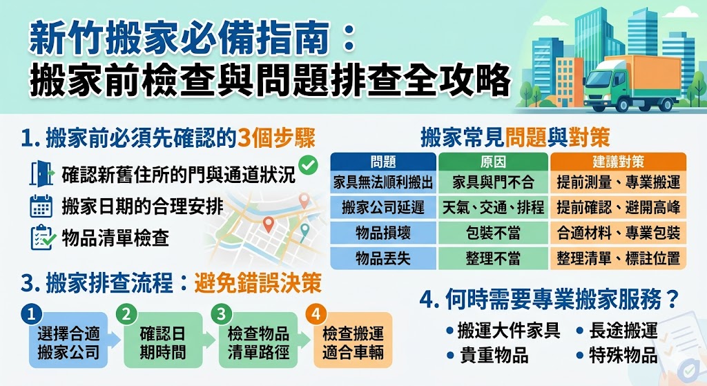 在進行新竹搬家時，確保搬遷順利進行，您需要了解幾個關鍵步驟與注意事項。本文提供了搬家前必須確認的三個關鍵檢查項目，並列出了搬家過程中常見的問題與解決方案。透過這些準備，您能避免突發狀況，確保新竹搬家的過程更加順利和高效。此外，本文也針對何時需要專業搬家公司提供了實用建議，助您做出明智決策。
