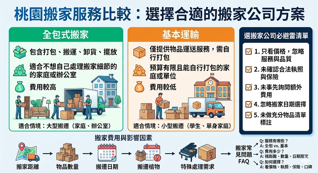 若您正在尋找合適的桃園搬家服務，本篇文章將幫助您根據不同需求選擇最佳搬家公司。無論是全包式搬家還是基本運輸服務，本文將詳細比較各種方案的優缺點，並介紹如何根據您的預算和搬遷規模選擇最適合的搬家方案。了解搬家費用的影響因素，並避免常見錯誤，確保您的桃園搬家過程順利且高效。