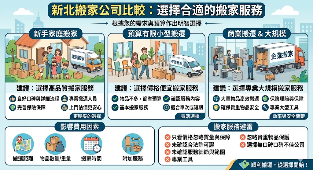 選擇新北搬家公司時，了解不同搬家服務的類型與比較價格、服務質量非常重要。無論您是需要定期搬家服務還是臨時搬遷，挑選一家有良好口碑的搬家公司可以減少搬遷過程中的麻煩。定期搬家適合需要經常搬遷的家庭或商業場所，而臨時搬家則適用於短期需求。選擇新北搬家公司時，不僅要考慮價格，還要關注服務質量和搬家保障，以確保搬遷順利完成。
