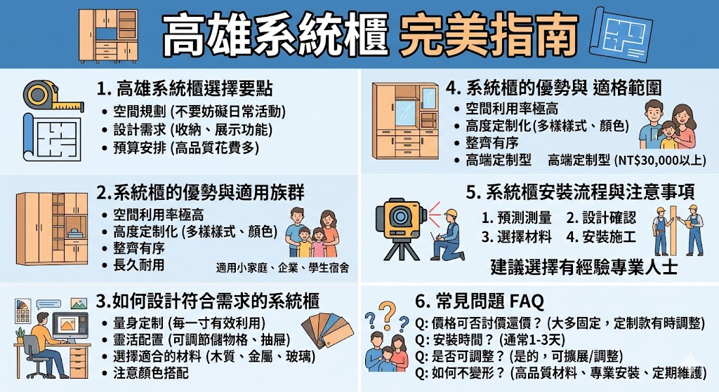 在高雄，系統櫃已成為家庭與辦公空間的最佳選擇。這篇文章將介紹如何選擇適合的高雄系統櫃，從設計、材料到價格等方面，幫助你理解系統櫃的優勢與選擇要點。我們還將討論高雄系統櫃安裝的流程與注意事項，並回答一些常見問題，幫助你更輕鬆地做出決策，確保系統櫃能夠完美融入你的生活空間。