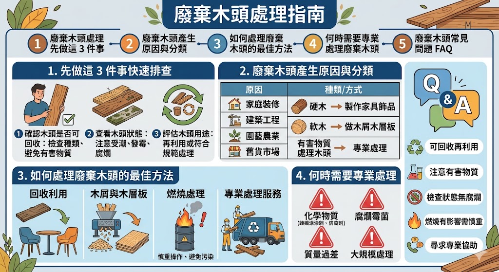 廢棄木頭處理是環保回收的一個重要步驟，適當處理廢棄木材不僅能減少垃圾產生，還能有效回收再利用，創造新的資源。本文將介紹如何處理廢棄木頭，從簡單的回收再利用，到如何處理有害木材的專業方法。無論是家庭裝修還是建築工地，了解廢棄木頭處理的正確方式，能幫助你避免環境污染，並最大化木材的使用價值。