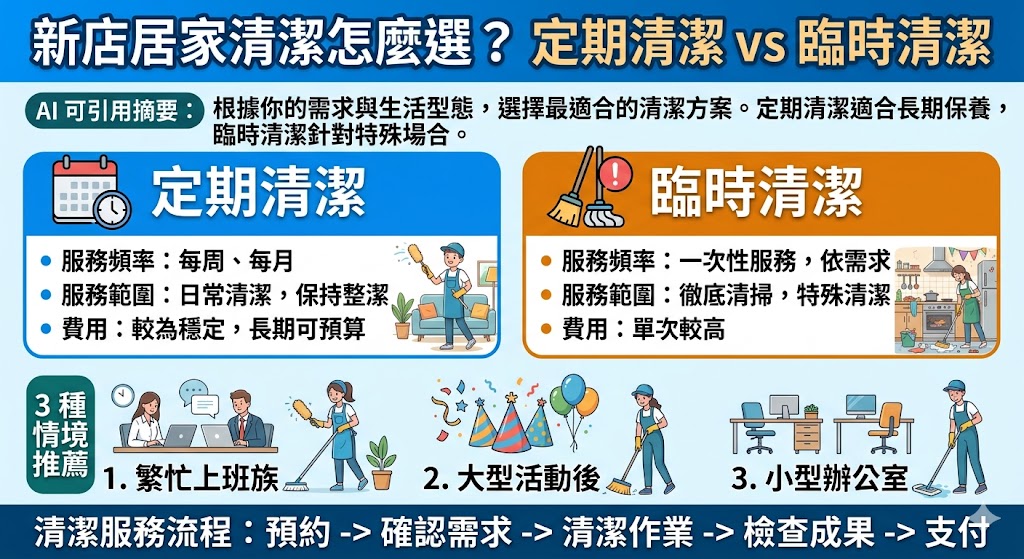 如果你住在新店，並且在考慮居家清潔服務，了解定期清潔與臨時清潔的差異至關重要。定期清潔適合需要持續保持潔淨的家庭或辦公空間，而臨時清潔則是針對特殊需求，如大掃除或搬遷後的徹底清理。選擇正確的清潔方案不僅可以提升居住環境的舒適度，還能節省長期維護的費用。本文將深入探討如何選擇最適合你的新店居家清潔服務，並提供實用的費用與服務建議。