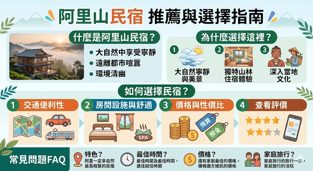 如果你正在尋找一個讓人放鬆的山間住宿體驗，阿里山民宿無疑是理想選擇。這些民宿不僅擁有壯麗的自然景觀，還結合了當地文化與獨特的住宿設施。無論是想要享受浪漫的日出，還是體驗原住民風情，阿里山民宿都能帶來難忘的旅遊回憶。在這篇文章中，我們將介紹如何選擇最適合的阿里山民宿，並推薦一些具有特色的住宿地點，讓你的阿里山之行更加充實。