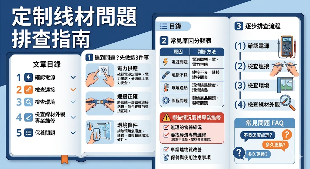 本篇文章將帶你深入了解如何排查與解決定制线材的常見問題。無論是電源問題、連接不良還是環境因素，我們提供了詳盡的檢查步驟，幫助你有效解決線材故障。此外，文章還探討了如何進行定制线材的日常保養，延長使用壽命，讓你在工作中能充分發揮線材的性能，避免不必要的浪費。