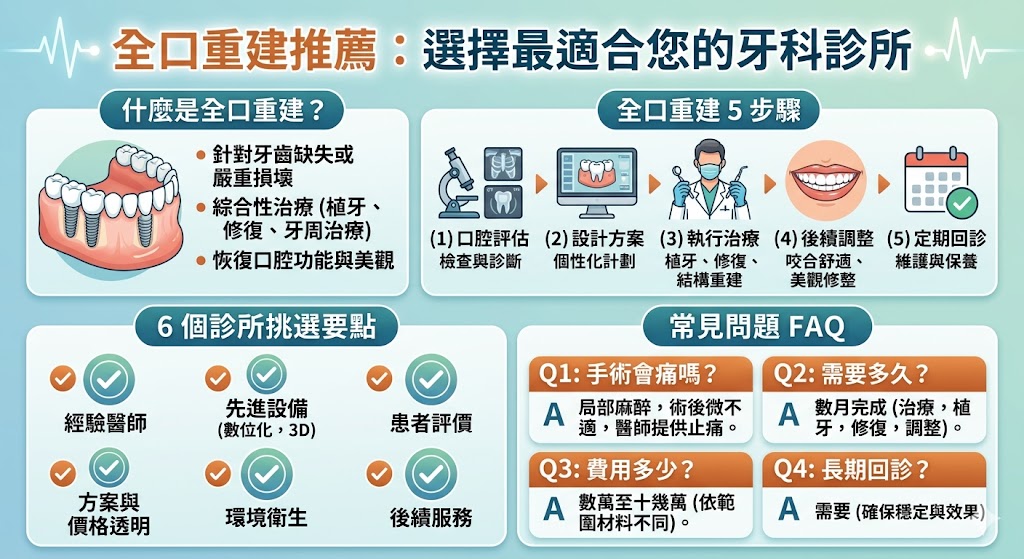 全口重建推薦是解決牙齒缺失問題的關鍵方法，對於需要全口重建的患者來說，選擇一個專業的牙科診所至關重要。全口重建過程需要多項技術支持，如牙齒植入與修復，因此選擇擁有先進設備和經驗豐富醫師的診所非常重要。本篇文章將為您介紹如何選擇合適的診所、全口重建過程、費用影響因素等，幫助您找到最適合的全口重建治療方案。