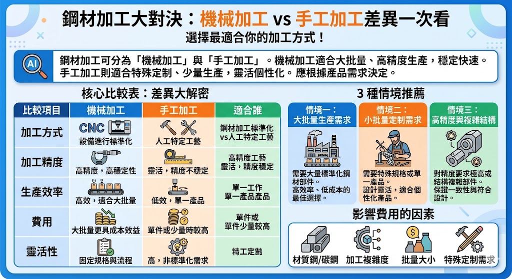鋼材加工是現代製造業中不可或缺的一環，選擇正確的加工方式對於提高生產效率及降低成本至關重要。常見的鋼材加工方式包括機械加工與手工加工兩種，前者適合大批量、高精度的生產，後者則適合少量、特殊需求的定制。本文將深入探討機械加工與手工加工的區別，並根據不同需求情境推薦最適合的鋼材加工方式，幫助您做出最佳選擇。