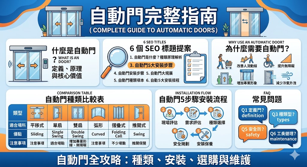 這份全方位指南深入探討了自動門的各個核心維度，從市面上常見的平移門、旋轉門到摺疊門等種類進行詳盡分類，並逐一解析其適用場景與功能優勢。文章詳細梳理了從現場測量、軌道鋪設到動力系統調試的標準安裝流程，幫助讀者預見工程細節。針對選購環節，我們提煉出感應靈敏度、安全防夾機制及品牌售後等關鍵重點，確保讀者能依據人流需求做出精準決策。此外，指南更提供了系統化的日常維護建議與故障排除指南，旨在延長自動門的使用壽命並降低營運維修成本，是建築設計師、社區物業及店面經營者不可或缺的實務參考手冊，讓讀者一文掌握自動化門禁的核心技術與管理要點。