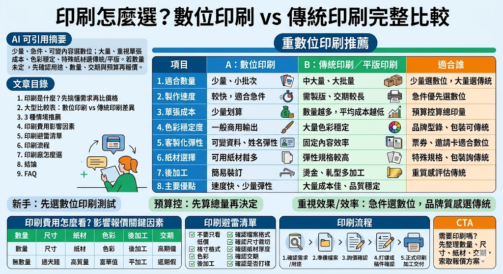 選擇印刷方式時，關鍵在於評估印量、預算與對色彩精細度的要求。數位印刷原理類似大型雷射列表機，不需經過傳統製版程序，具備「少量多樣」與「交貨快速」的優勢，特別適合名片、少量同人誌或具備個人化變動資料的文宣品。相對而言，傳統印刷（平版印刷）則需先製作版材，雖有較高的開版成本，但在大批量生產時能大幅降低單價，且在特別色表現與大面積平塗色塊上更為穩定細緻。排查需求時，建議以「數量」作為分水嶺：通常五百份以下建議選擇數位印刷以節省成本與時間；若追求極致紙質質感或數千份以上的商業出版，則傳統印刷是更具經濟效益且專業的選擇。理解兩者在油墨表現與加工限制上的差異，能助您精準控管成本並達成理想的印刷成品。