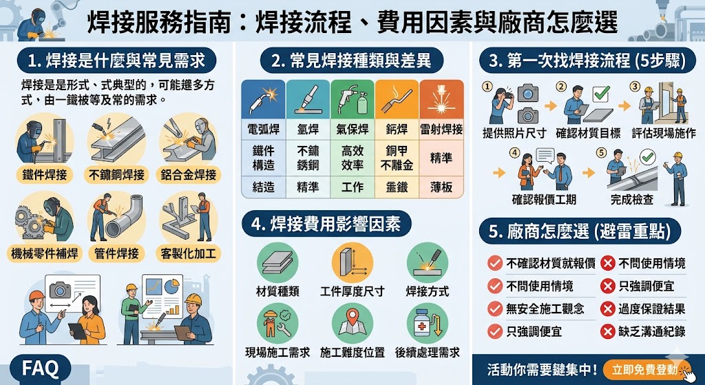 尋找專業焊接服務時，了解技術細節與價格構成是確保工程品質的關鍵。本指南深入探討從電弧焊、氬焊（TIG）到二氧化碳焊接（MAG/MIG）的適用情境，無論是金屬家具修復、建築結構加強還是汽機車零件加工，專業流程皆須包含前置清潔、坡口加工、精準施焊及後續的焊道檢驗。費用計算通常受材質特性（如不鏽鋼或鋁合金）、施工難度、銲接長度與是否需現場出工等因素影響。在選擇廠商時，建議查驗銲接人員的技術證照、設備完善度以及過往大型專案紀錄，並確認其對變形控制與結構強度的專業見解。透過透明的報價分析與避雷建議，您能有效避免因電流電壓不穩導致的虛焊或氣孔瑕疵，確保成品具備優異的耐用性與安全性，滿足各種工業或居家修繕的高標準需求。