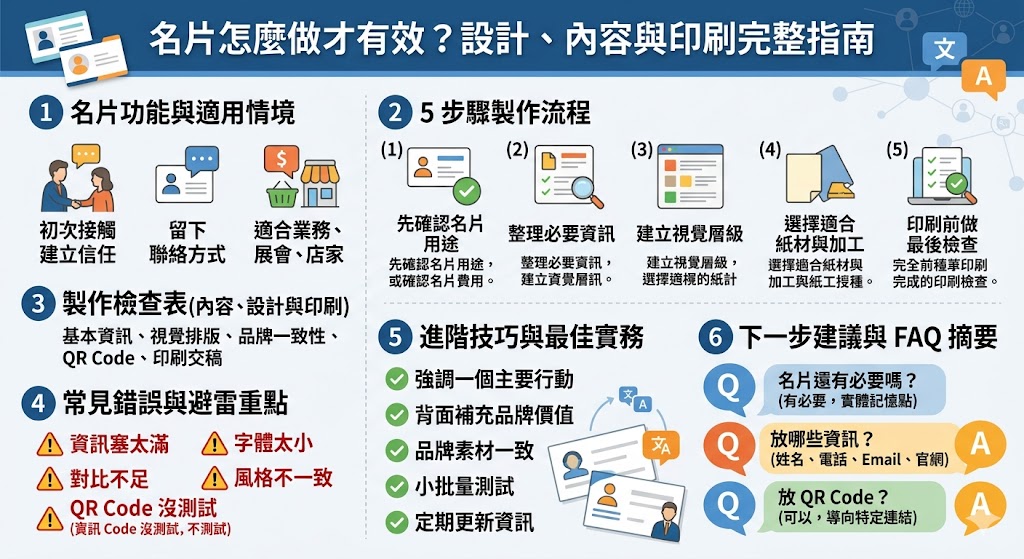 想做出讓人記住的名片，不能只看版面好不好看。本文整理名片設計、內容配置、紙材印刷、QR Code 使用與常見錯誤，幫助新手快速掌握名片製作重點，讓客戶一眼看懂你的專業、服務價值與聯絡方式，提升品牌形象與後續洽談效率。