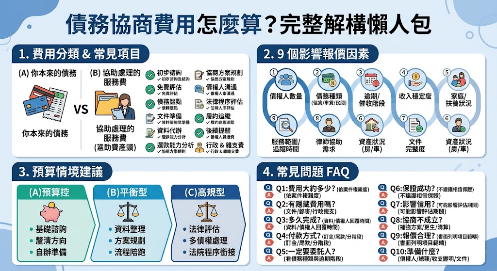 想了解債務協商費用怎麼算？本篇整理債務協商報價組成、影響價格因素、預算方案、報價單必問問題與常見FAQ，幫助第一次詢問者看懂費用、避開隱藏收費，並準備資料索取免費評估，降低簽約前疑慮。