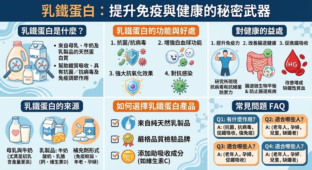 乳鐵蛋白（Lactoferrin）是一種天然存在於母乳和乳製品中的蛋白質，具有抗菌、抗病毒以及促進鐵質吸收的功能。乳鐵蛋白能有效增強免疫系統，幫助提高身體對抗外來病原的能力。研究證實，乳鐵蛋白對提升免疫力、促進消化以及改善鐵吸收具有顯著效果，特別對於缺鐵性貧血患者或免疫系統較弱的人群具有極大益處。了解乳鐵蛋白的功能與來源，有助於選擇適合的保健產品來增強自身健康。