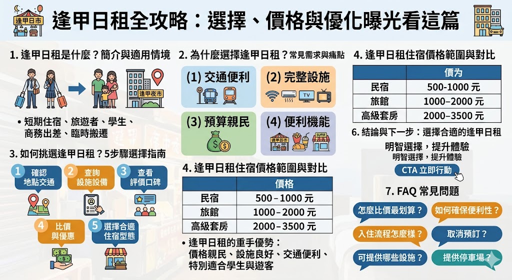 逢甲日租提供了多種短期住宿選擇，特別適合遊客、學生和短期停留的人群。無論是民宿、旅館還是套房，這裡的住宿選擇都以高性價比與便利交通為特色。了解逢甲日租的價格範圍、設施比較和如何挑選最合適的住宿，能讓你在旅途中獲得更好的住宿體驗，並且節省預算。這篇指南將幫助你輕鬆選擇最符合需求的逢甲日租住宿方案。