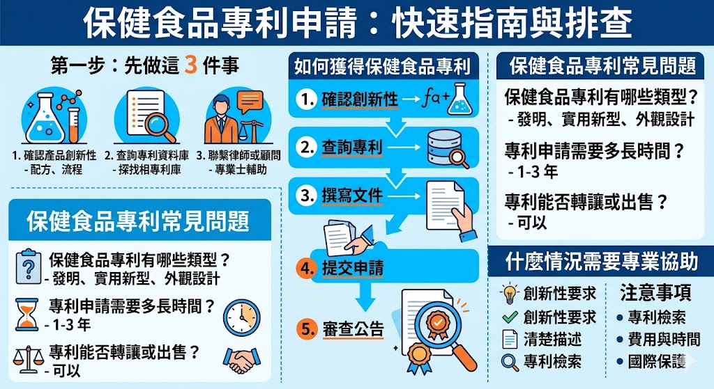 本文介紹了有關「保健食品專利」的各個方面，從如何確認產品創新性到專利申請流程中的關鍵步驟。文章詳細解釋了保健食品專利的類型、常見問題及如何避免在申請過程中出現的錯誤。此外，我們還提供了對於保健食品專利的常見疑慮解答，幫助企業和創新者順利進行專利申請，保護自己的創新成果。在這個過程中，專業的法律或專利顧問協助顯得尤為重要。