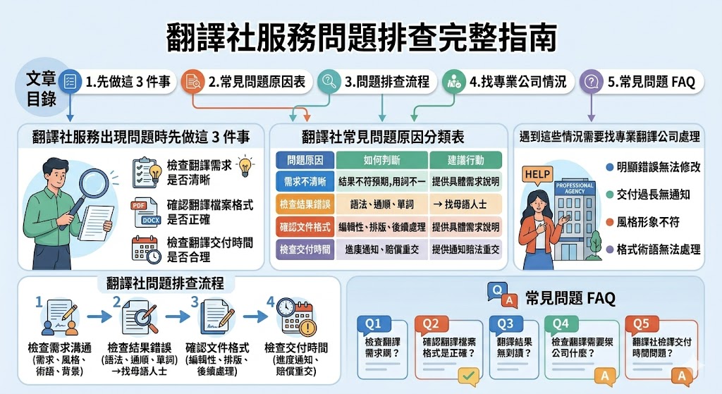 在選擇翻譯社時，常會遇到各種翻譯質量問題或交付延遲等情況。本文將提供翻譯社服務中常見的問題原因，並教你如何逐步排查翻譯品質，從需求溝通到文件格式，再到交付時間等方面。了解如何在翻譯社服務中提前識別問題，確保翻譯準確、準時交付，避免不必要的誤解和費用。