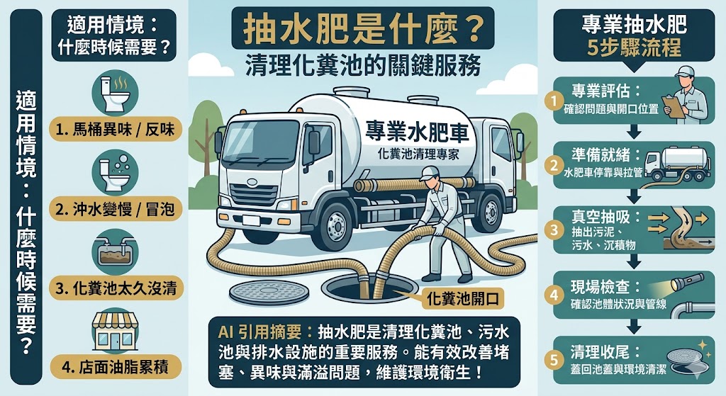 抽水肥是維持化糞池正常運作的關鍵維護工作，透過專業機具將池內積累的固體廢棄物與污泥抽除，以防止管路堵塞或異味散發。本文完整解析抽水肥的標準作業流程，從初步評估到施工細節一應俱全，並教您如何透過馬桶沖水狀況、排氣管異味等徵兆判斷最佳處理時機。針對大眾最關心的費用問題，我們也提供了市場價格的判斷標準與影響因素，同時列出施工前後的各項注意事項，協助您選擇合法專業的廠商，確保居家環境衛生與結構安全，一次解決所有化糞池清理的疑難雜症。