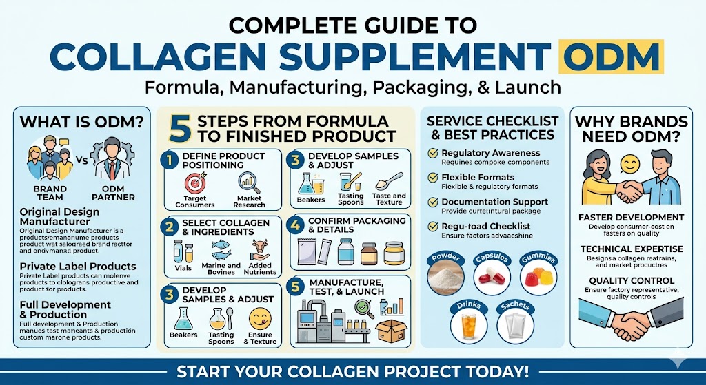 Collagen supplement ODM helps brands develop market-ready collagen products from formula design to packaging and production. With the right collagen supplement ODM partner, beauty and wellness brands can reduce development risks, improve product quality, and launch collagen powder, capsules, gummies, sachets, or functional drinks more efficiently.